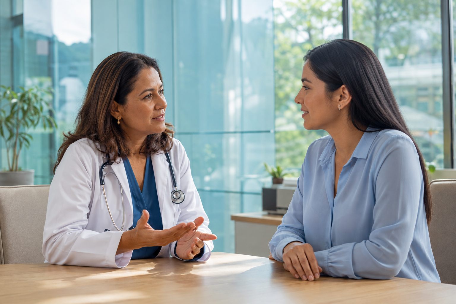 Imagen conceptual de una médica conversando con una colaboradora